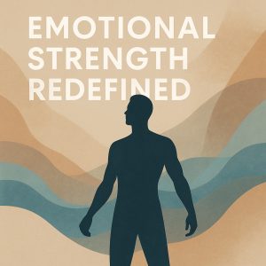 Silhouette of a man standing tall with arms slightly extended against a background of flowing earthy and blue waves, symbolizing emotional and spiritual strength in men